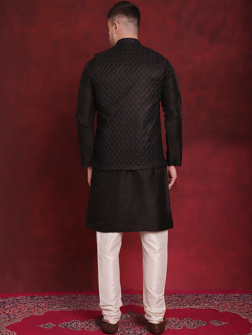 Jompers Men's Black Woven Design Nehru Jacket With Kurta Pyjama Set | Grocsy