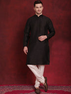 Jompers Men's Black Woven Design Nehru Jacket With Kurta Pyjama Set | Grocsy