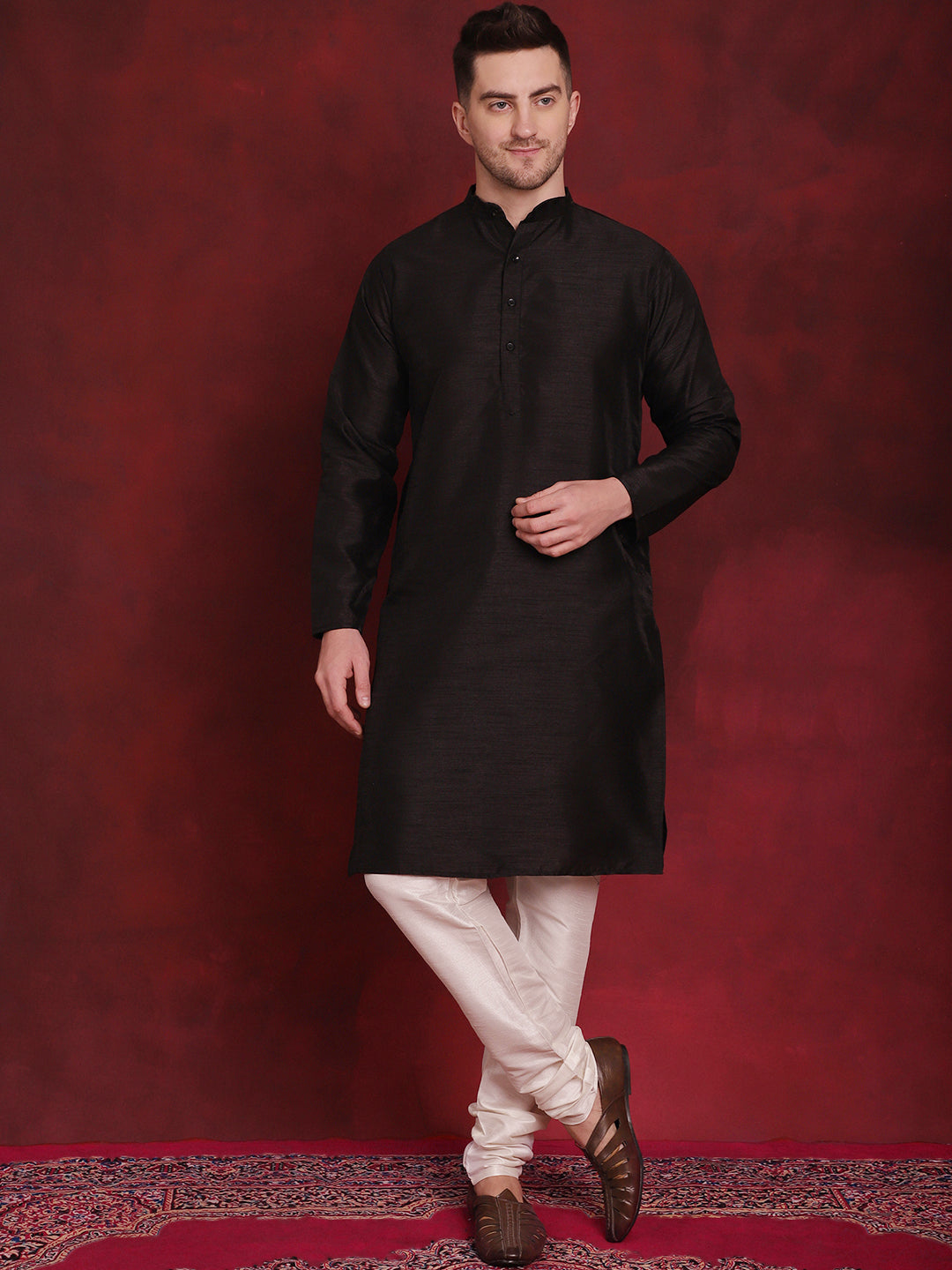 Jompers Men's Black Woven Design Nehru Jacket With Kurta Pyjama Set | Grocsy