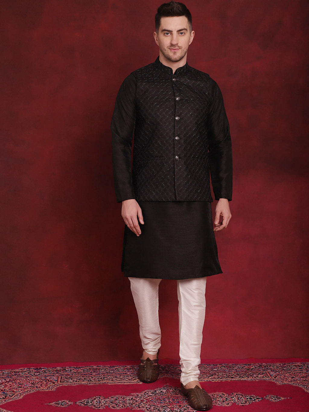 Jompers Men's Black Woven Design Nehru Jacket With Kurta Pyjama Set | Grocsy