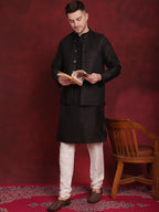 Jompers Men's Black Woven Design Nehru Jacket With Kurta Pyjama Set | Grocsy