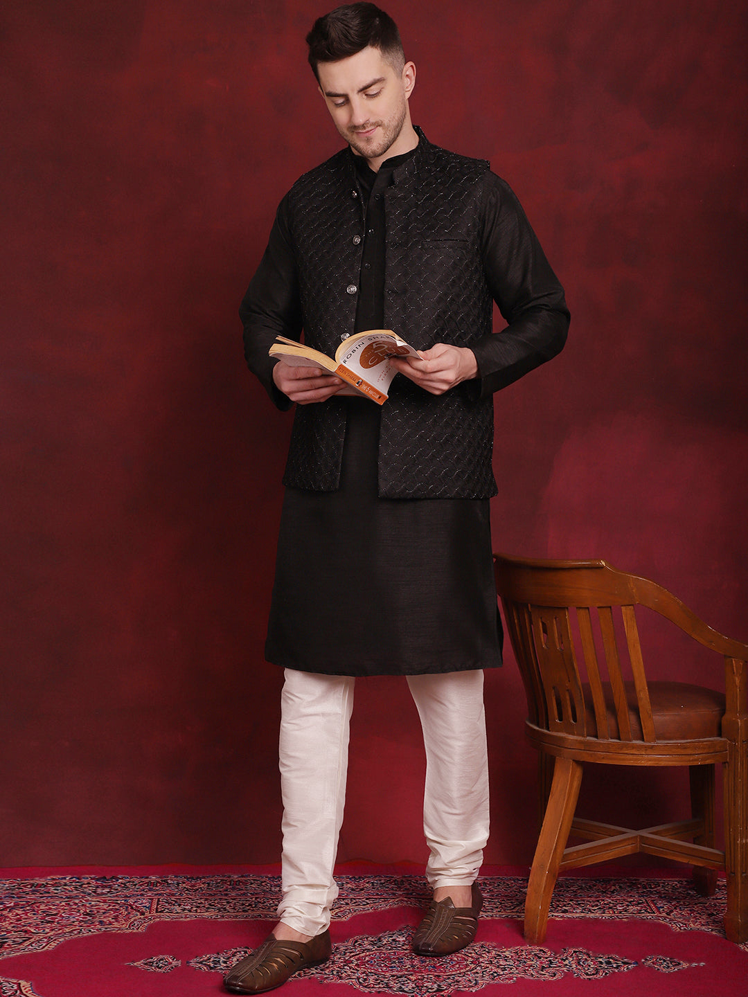 Jompers Men's Black Woven Design Nehru Jacket With Kurta Pyjama Set | Grocsy
