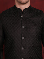 Jompers Men's Black Woven Design Nehru Jacket With Kurta Pyjama Set | Grocsy