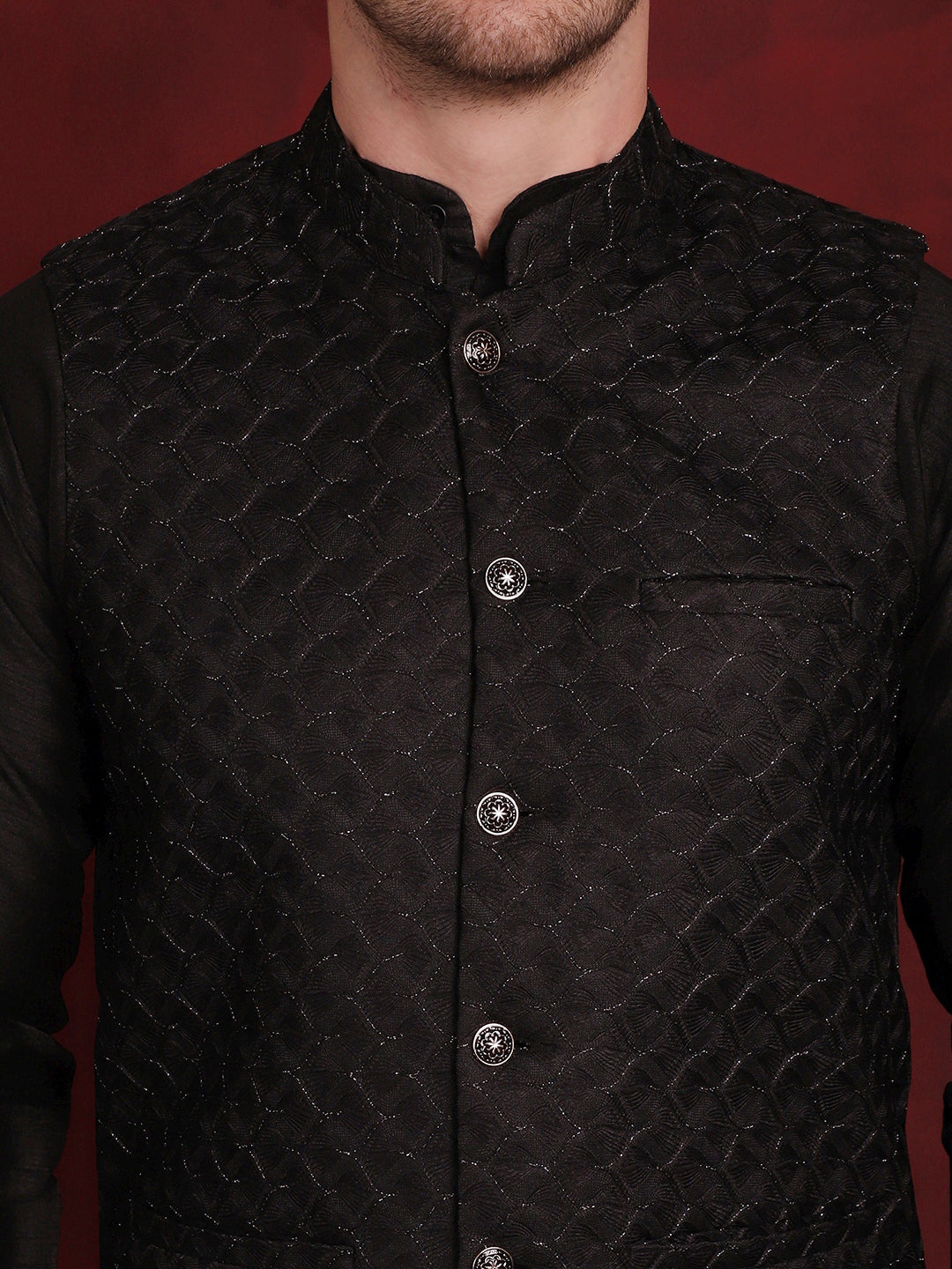 Jompers Men's Black Woven Design Nehru Jacket With Kurta Pyjama Set | Grocsy