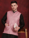Jompers Men's Coral Woven Design Nehru Jacket With Kurta Pyjama Set | Grocsy