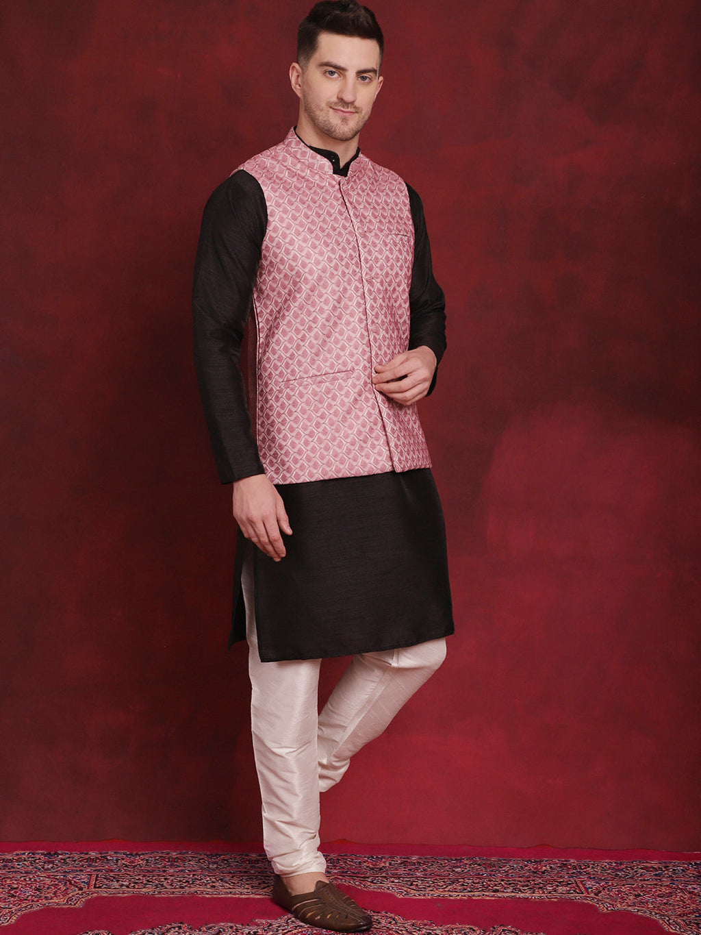 Jompers Men's Coral Woven Design Nehru Jacket With Kurta Pyjama Set | Grocsy