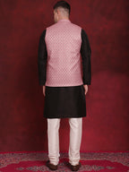 Jompers Men's Coral Woven Design Nehru Jacket With Kurta Pyjama Set | Grocsy