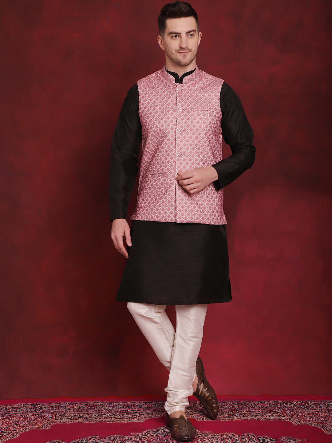 Jompers Men's Coral Woven Design Nehru Jacket With Kurta Pyjama Set | Grocsy