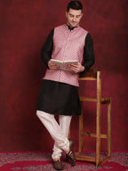 Jompers Men's Coral Woven Design Nehru Jacket With Kurta Pyjama Set | Grocsy