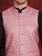 Jompers Men's Coral Woven Design Nehru Jacket With Kurta Pyjama Set | Grocsy