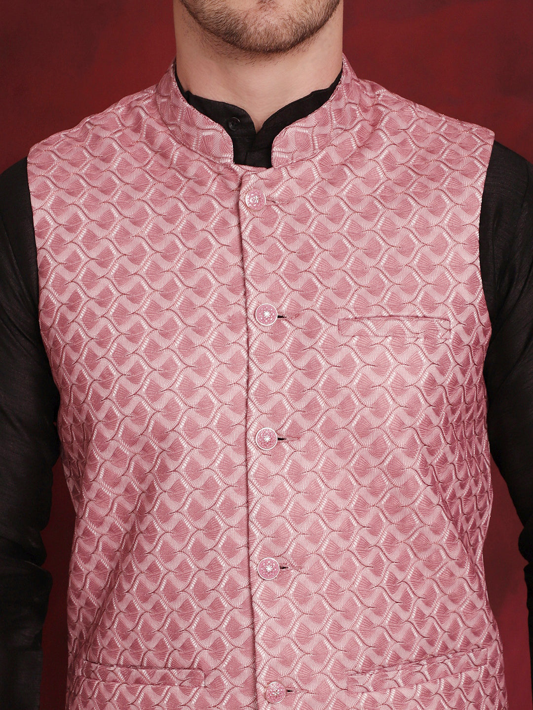Jompers Men's Coral Woven Design Nehru Jacket With Kurta Pyjama Set | Grocsy