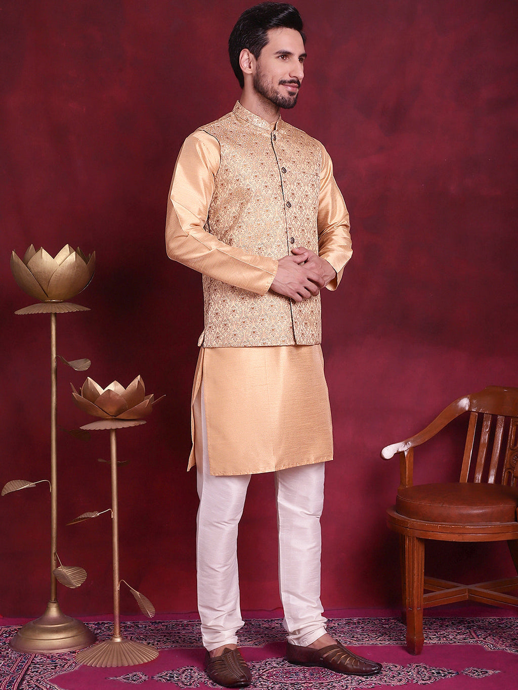 Jompers Men's Woven Design Nehru Jacket With Kurta Pyjama Set - Cream | Grocsy