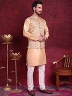Jompers Men's Woven Design Nehru Jacket With Kurta Pyjama Set - Cream | Grocsy