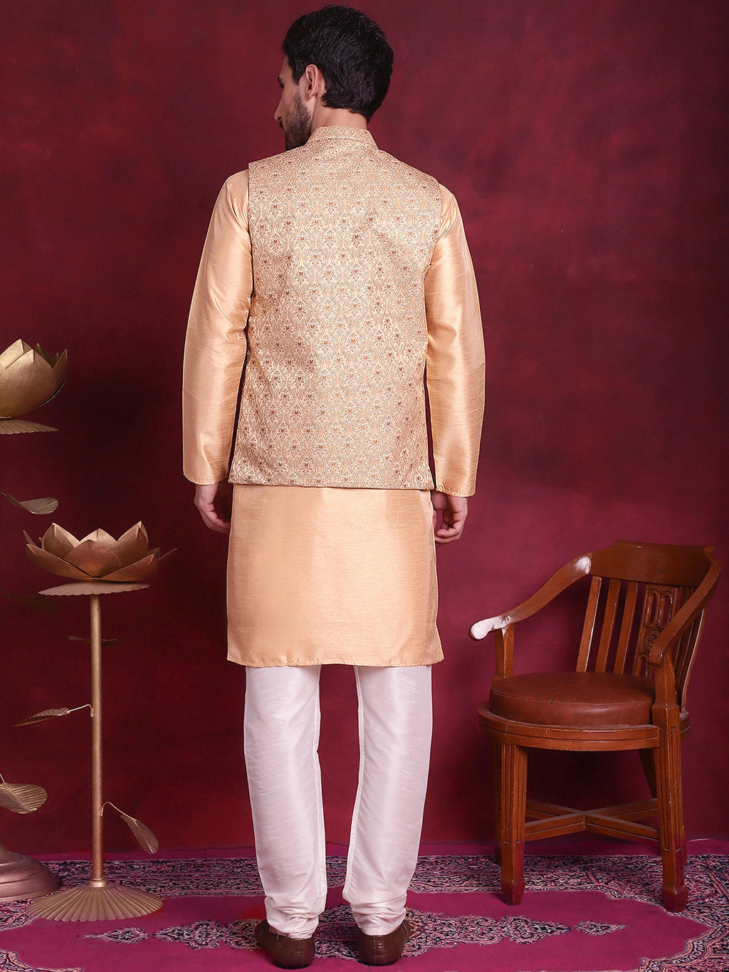 Jompers Men's Woven Design Nehru Jacket With Kurta Pyjama Set - Cream | Grocsy