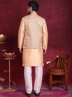 Jompers Men's Woven Design Nehru Jacket With Kurta Pyjama Set - Cream | Grocsy