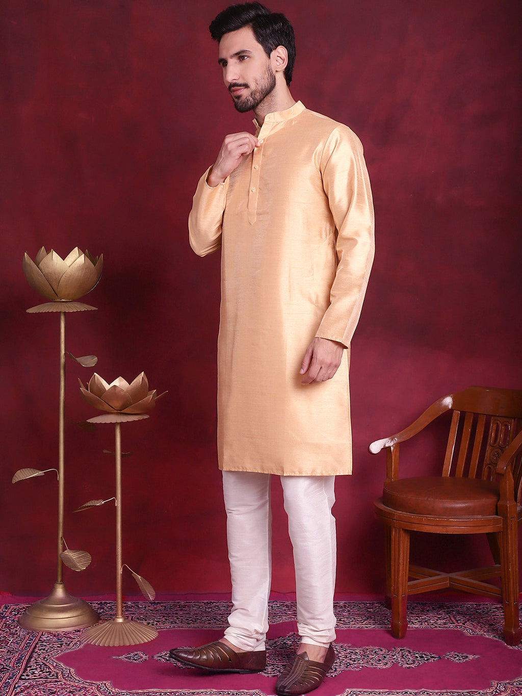 Jompers Men's Woven Design Nehru Jacket With Kurta Pyjama Set - Cream | Grocsy