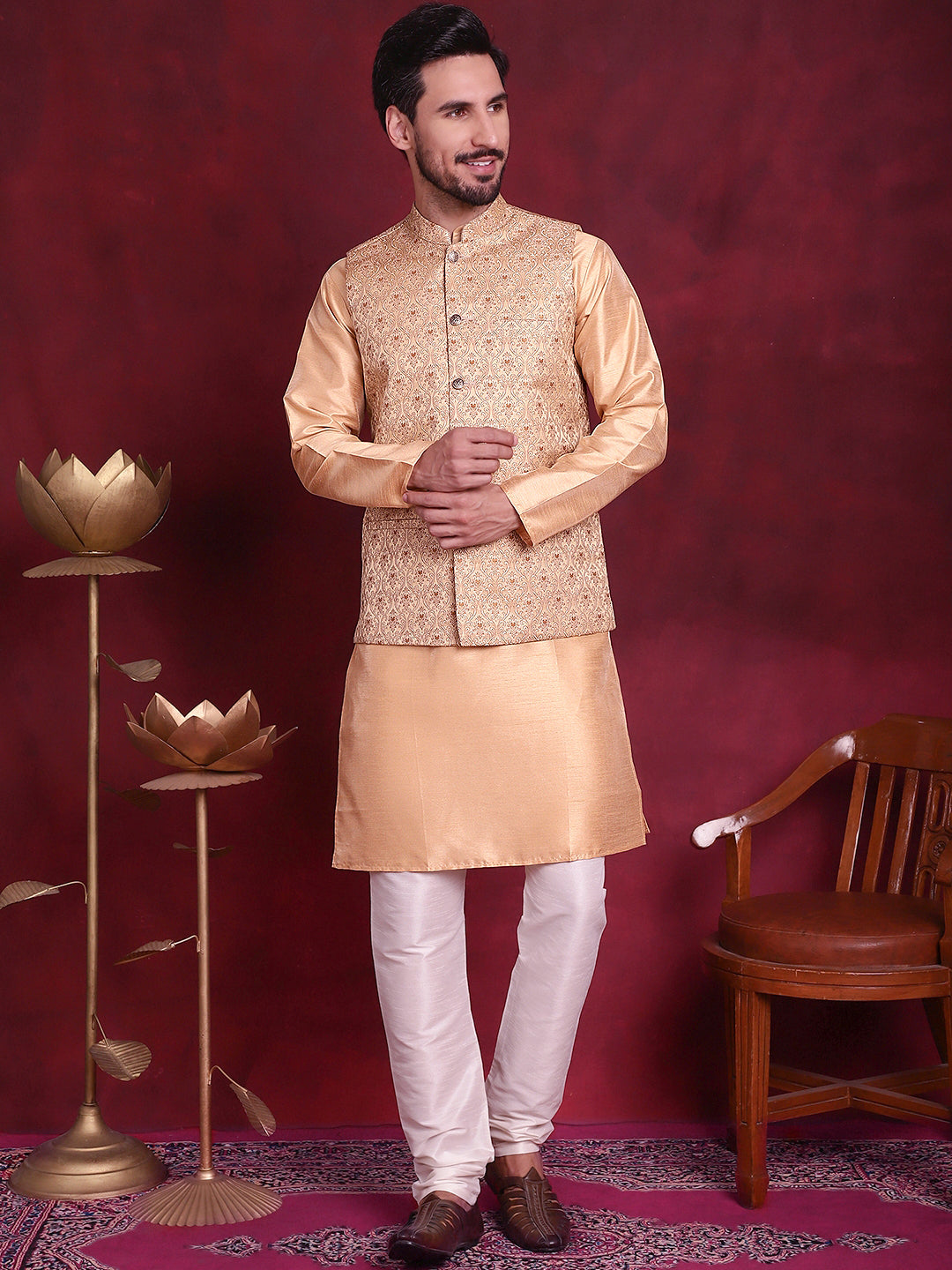Jompers Men's Woven Design Nehru Jacket With Kurta Pyjama Set - Cream | Grocsy