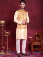 Jompers Men's Woven Design Nehru Jacket With Kurta Pyjama Set - Mustard | Grocsy