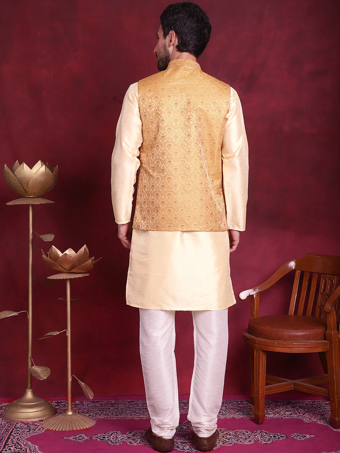 Jompers Men's Woven Design Nehru Jacket With Kurta Pyjama Set - Mustard | Grocsy