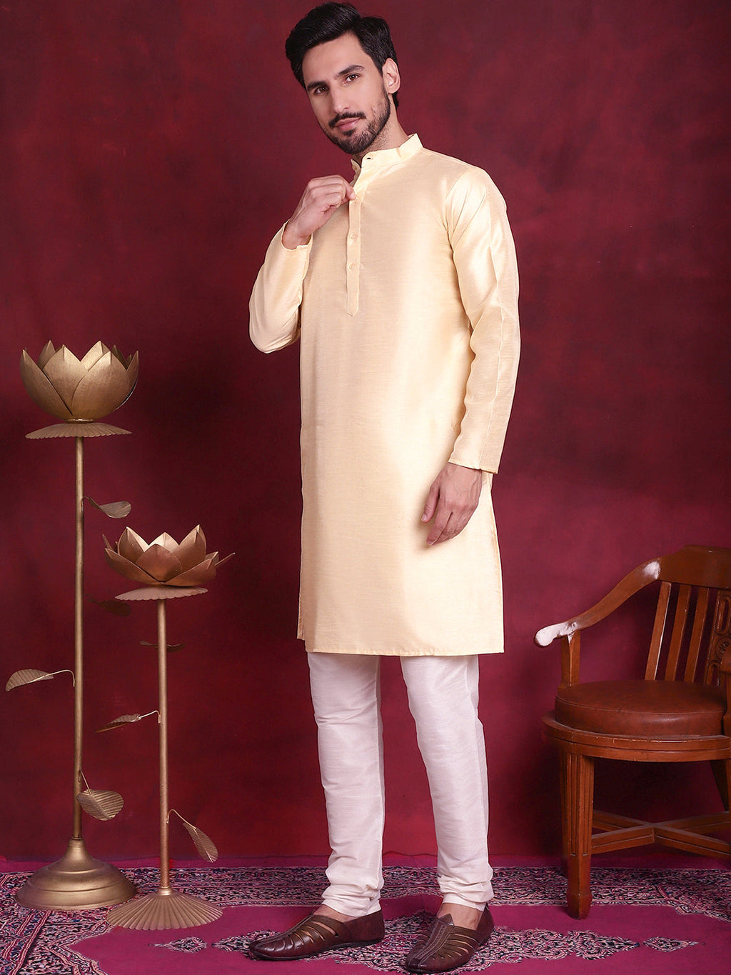Jompers Men's Woven Design Nehru Jacket With Kurta Pyjama Set - Mustard | Grocsy