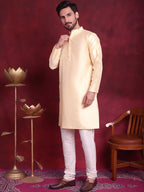 Jompers Men's Woven Design Nehru Jacket With Kurta Pyjama Set - Mustard | Grocsy