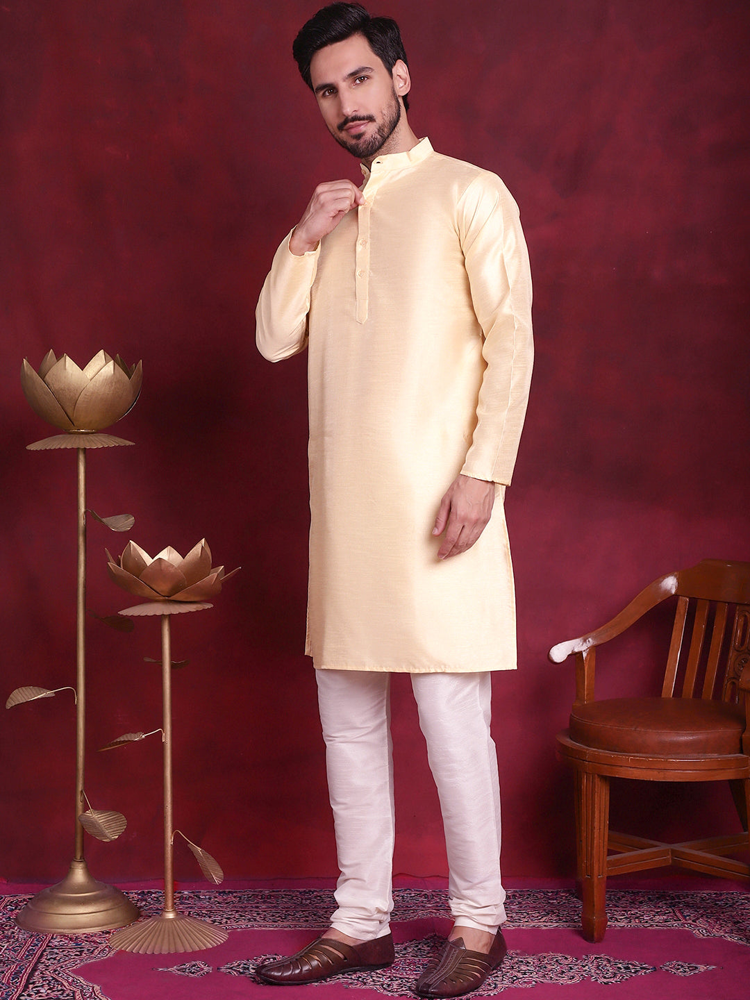 Jompers Men's Woven Design Nehru Jacket With Kurta Pyjama Set - Mustard | Grocsy