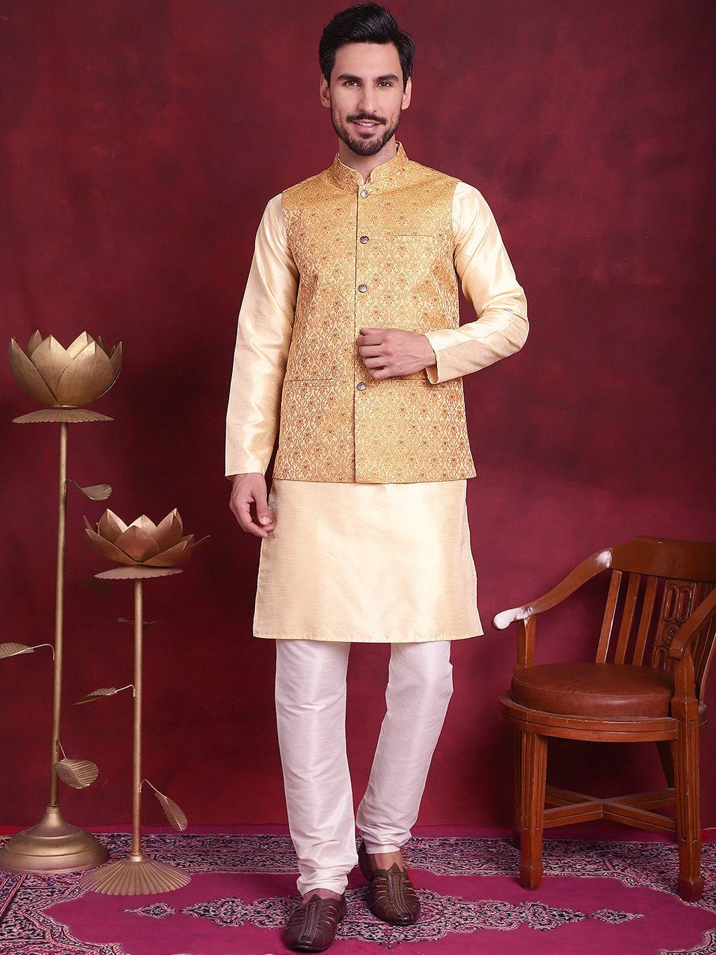 Jompers Men's Woven Design Nehru Jacket With Kurta Pyjama Set - Mustard | Grocsy