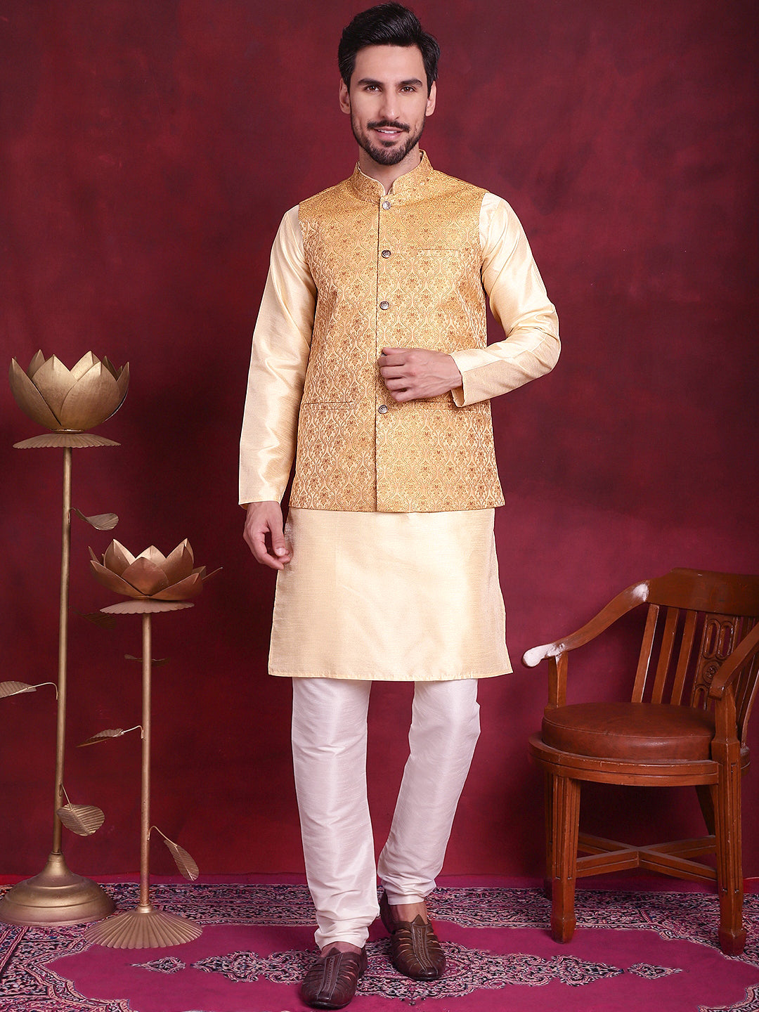 Jompers Men's Woven Design Nehru Jacket With Kurta Pyjama Set - Mustard | Grocsy