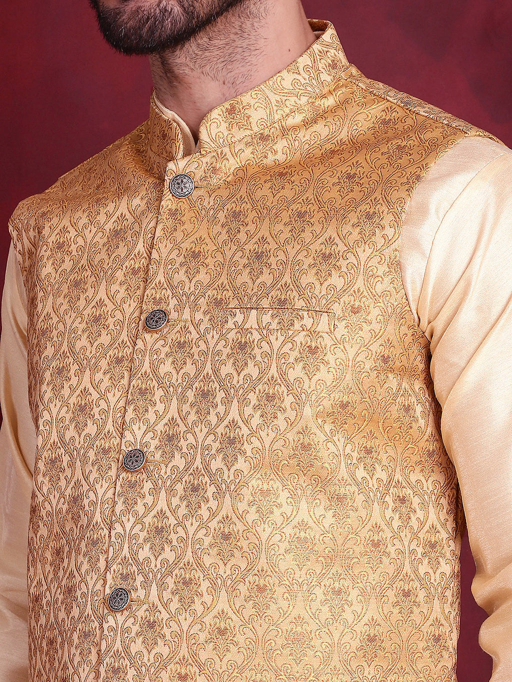 Jompers Men's Woven Design Nehru Jacket With Kurta Pyjama Set - Mustard | Grocsy