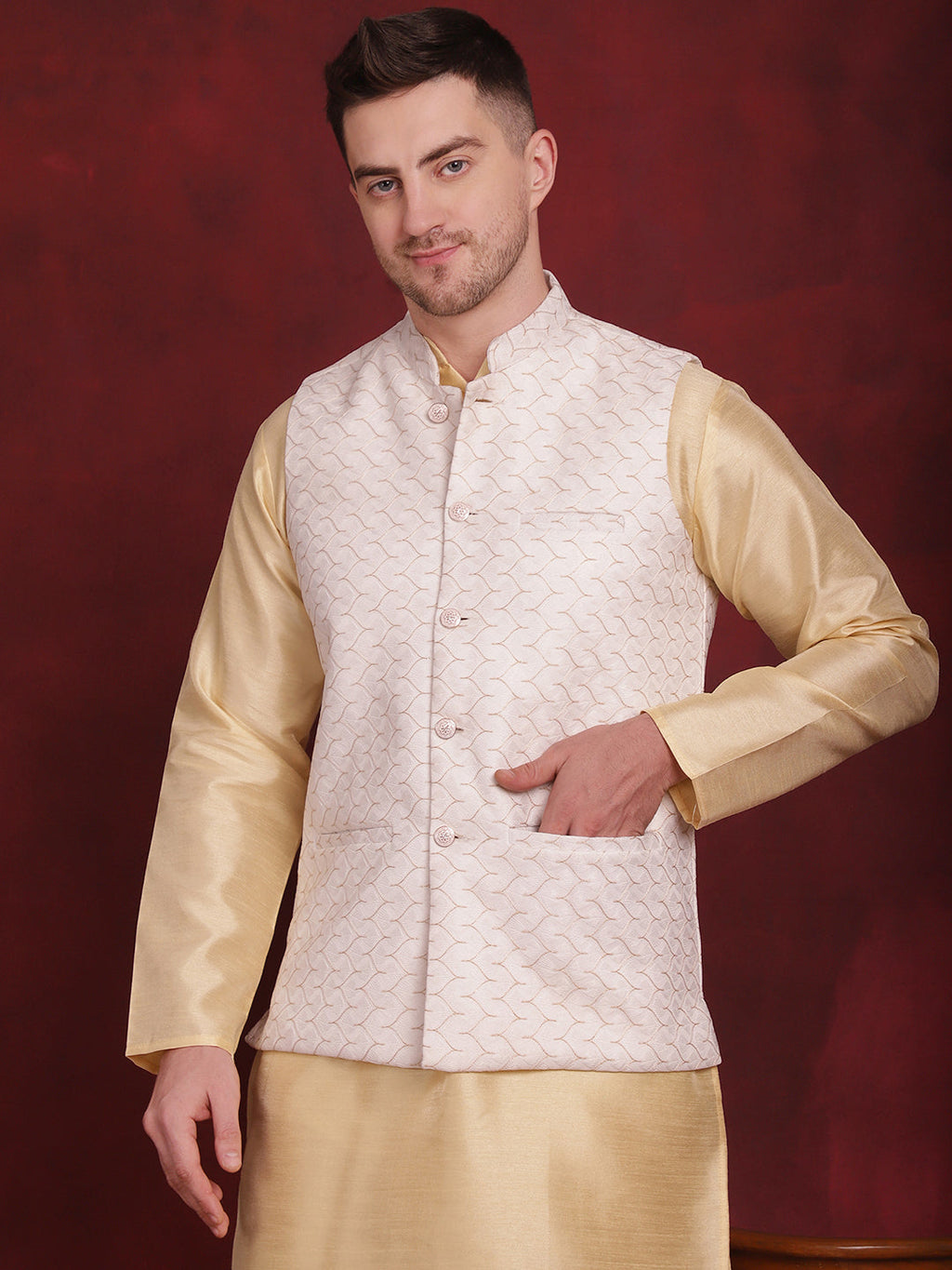 Jompers Men's White Woven Design Nehru Jacket With Kurta Pyjama Set | Grocsy