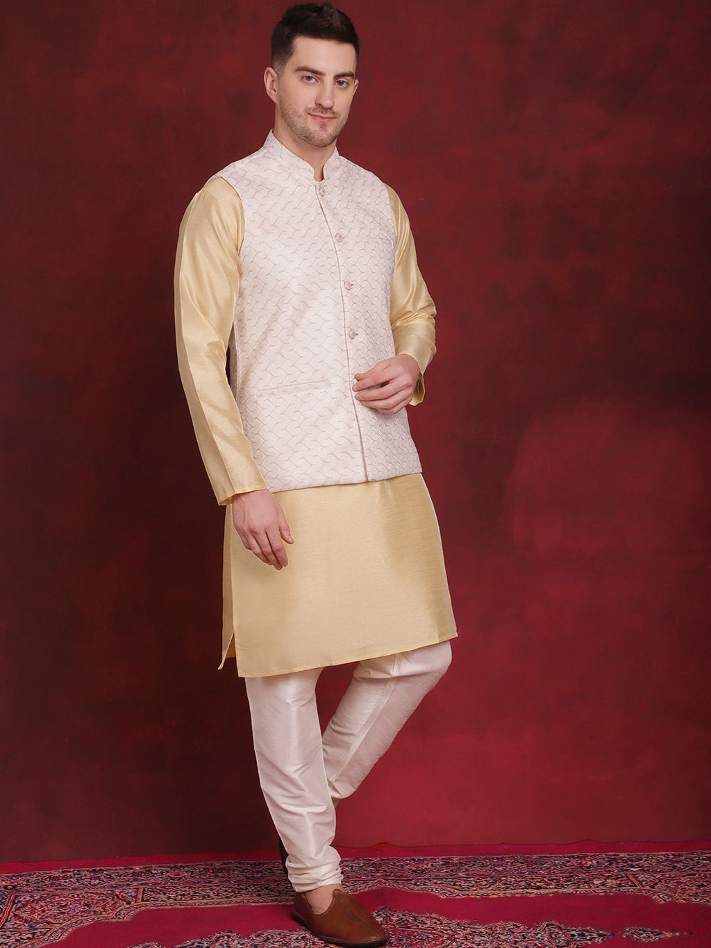 Jompers Men's White Woven Design Nehru Jacket With Kurta Pyjama Set | Grocsy
