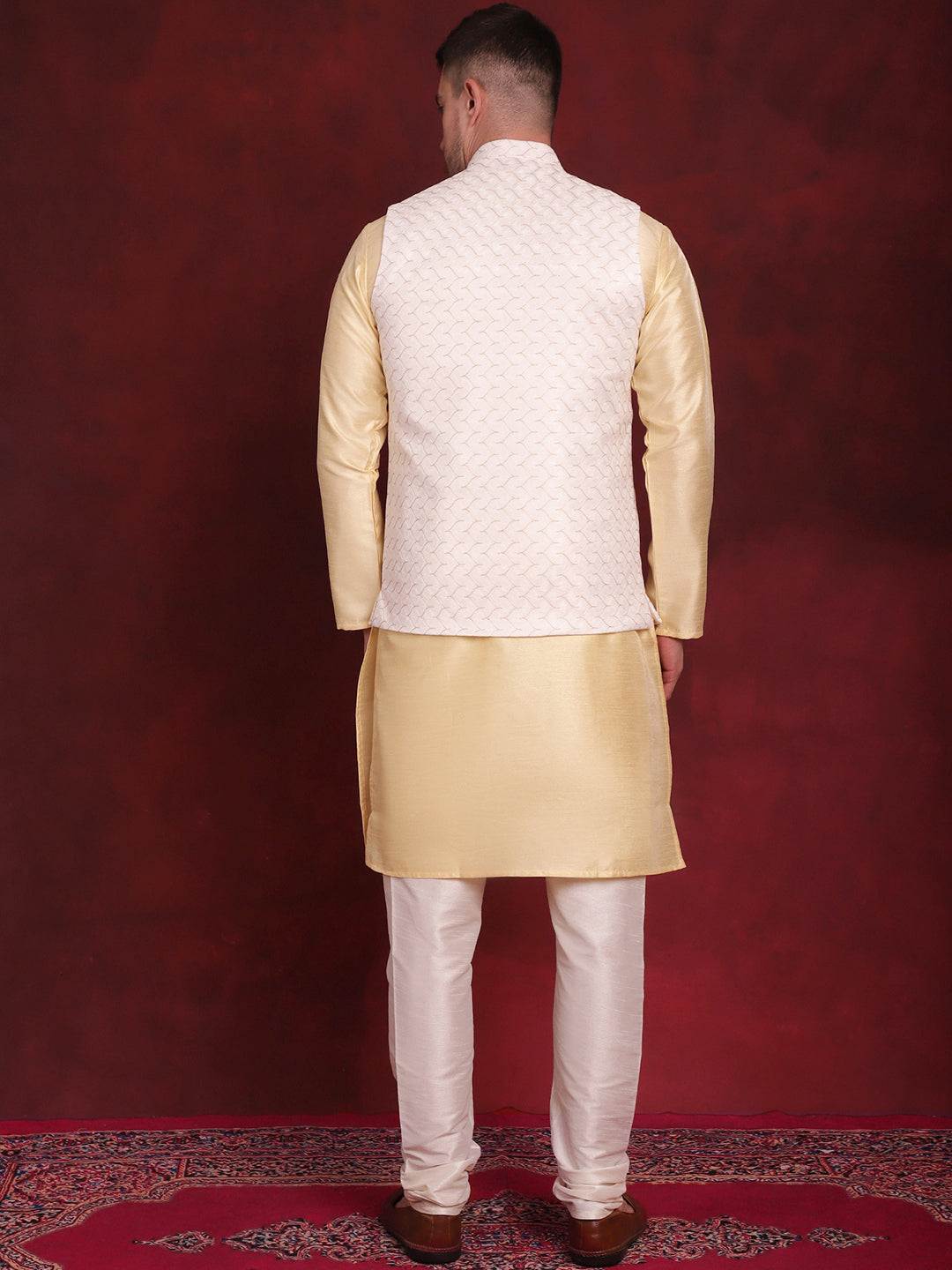 Jompers Men's White Woven Design Nehru Jacket With Kurta Pyjama Set | Grocsy