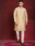 Jompers Men's White Woven Design Nehru Jacket With Kurta Pyjama Set | Grocsy