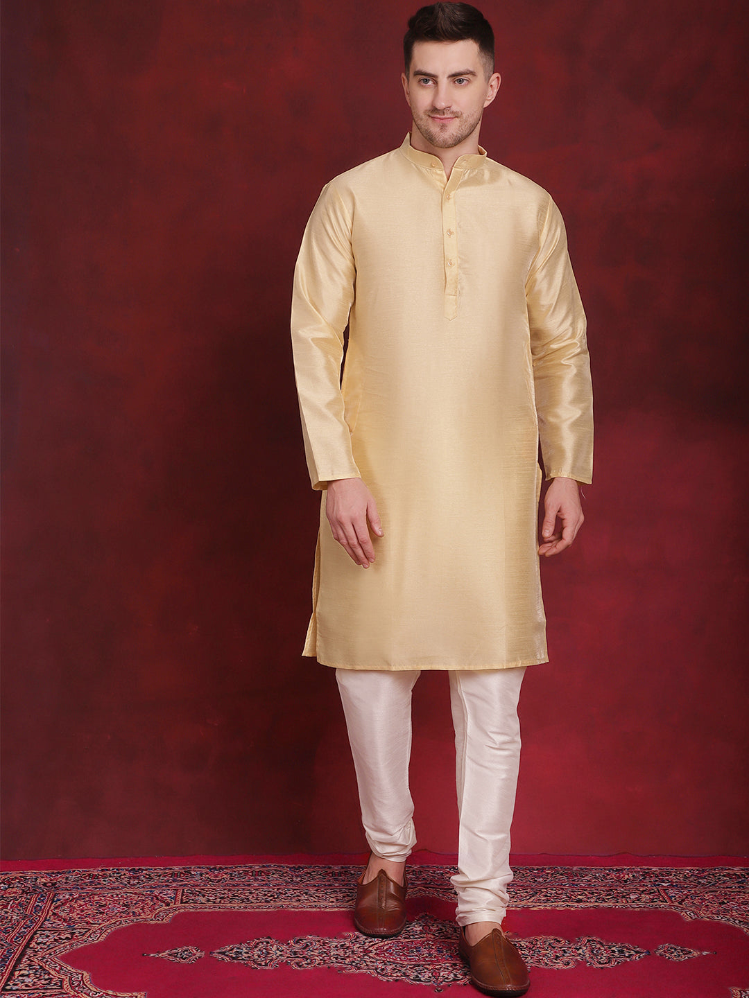 Jompers Men's White Woven Design Nehru Jacket With Kurta Pyjama Set | Grocsy