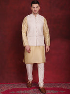 Jompers Men's White Woven Design Nehru Jacket With Kurta Pyjama Set | Grocsy