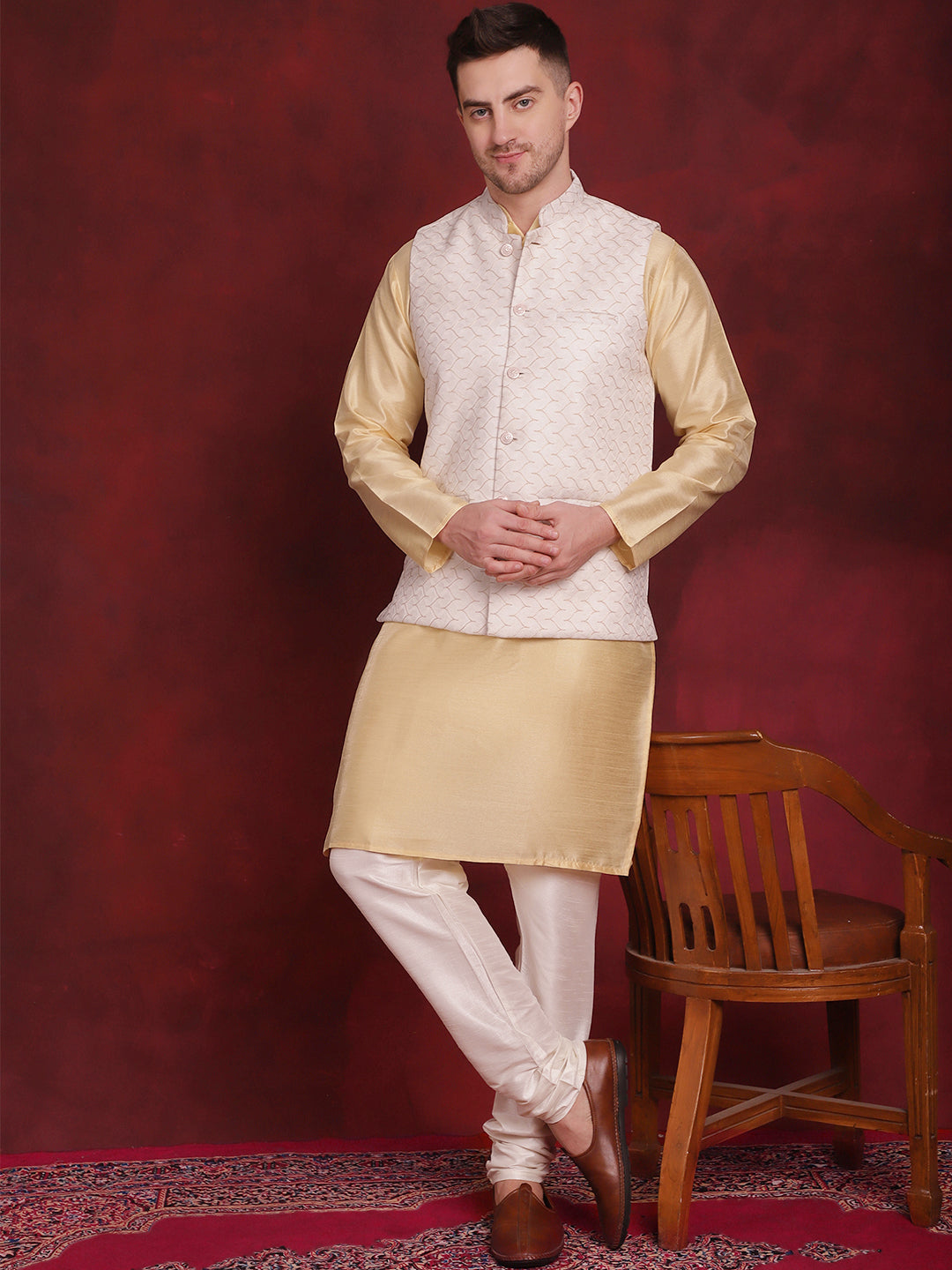 Jompers Men's White Woven Design Nehru Jacket With Kurta Pyjama Set | Grocsy