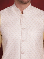 Jompers Men's White Woven Design Nehru Jacket With Kurta Pyjama Set | Grocsy