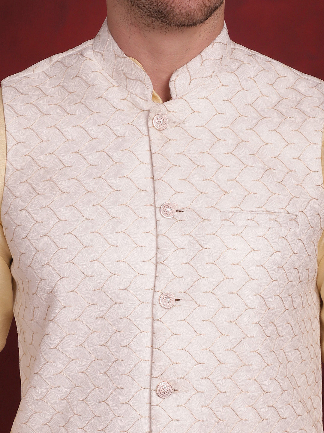 Jompers Men's White Woven Design Nehru Jacket With Kurta Pyjama Set | Grocsy