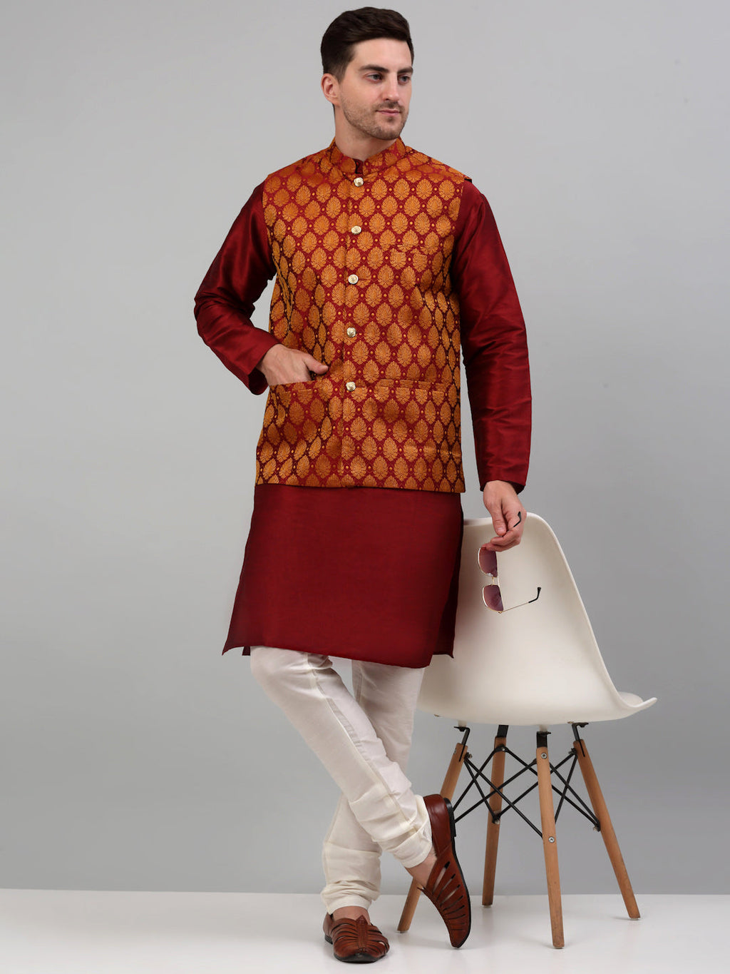 Jompers Men's Woven Design Nehru Jacket and Kurta Pyjama Set - Maroon | Grocsy