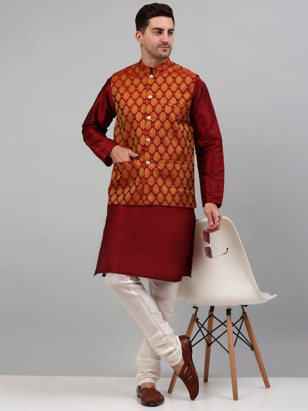 Jompers Men's Woven Design Nehru Jacket and Kurta Pyjama Set - Maroon | Grocsy