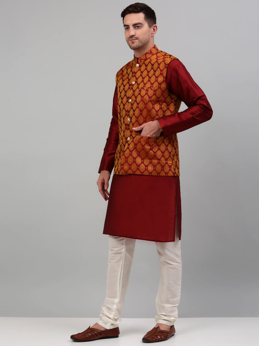 Jompers Men's Woven Design Nehru Jacket and Kurta Pyjama Set - Maroon | Grocsy