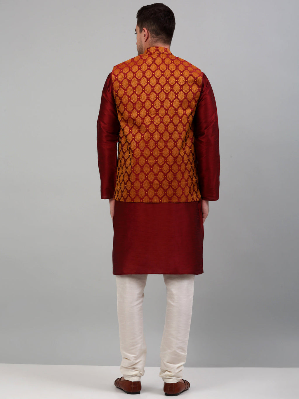 Jompers Men's Woven Design Nehru Jacket and Kurta Pyjama Set - Maroon | Grocsy