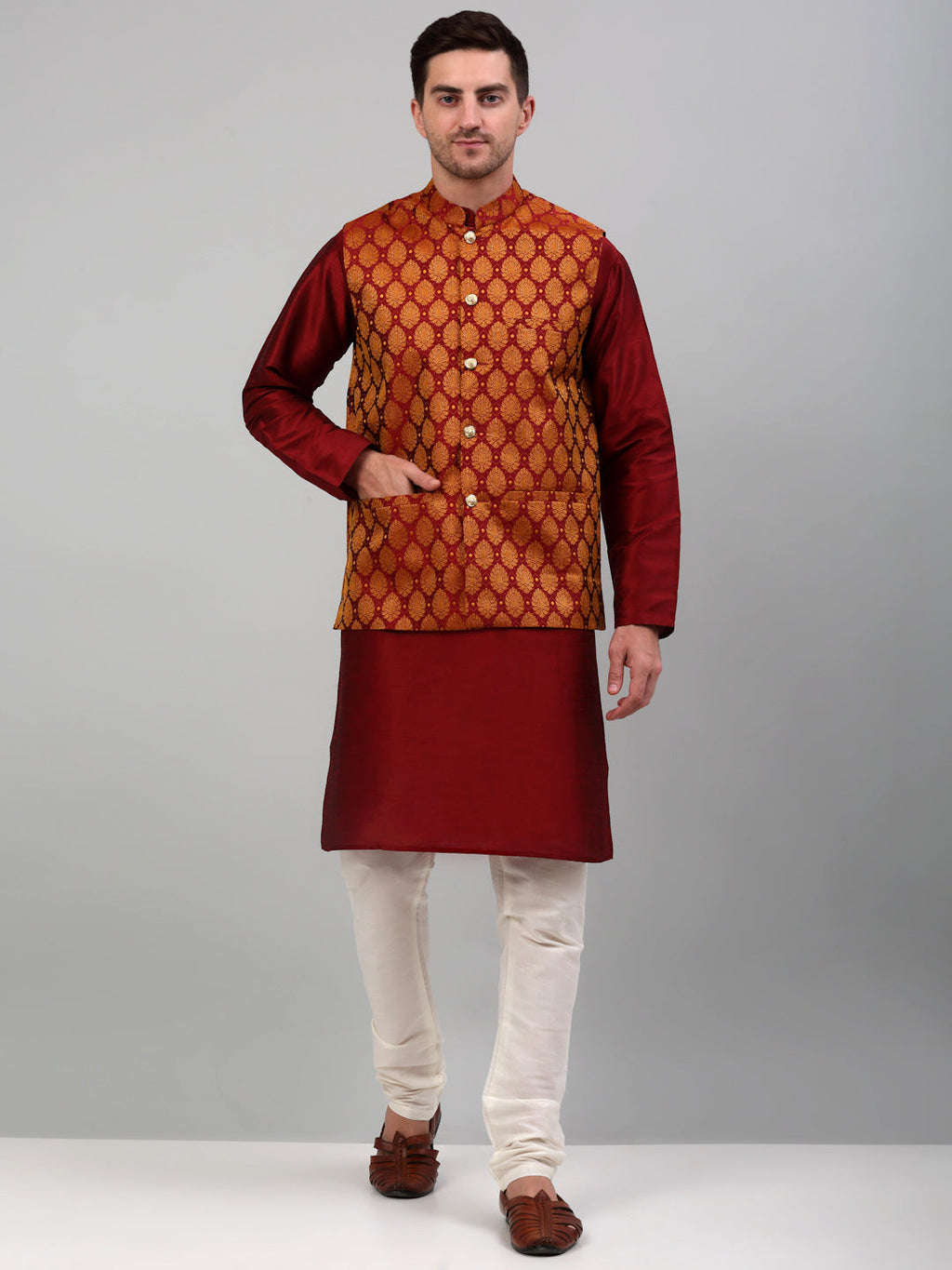 Jompers Men's Woven Design Nehru Jacket and Kurta Pyjama Set - Maroon | Grocsy