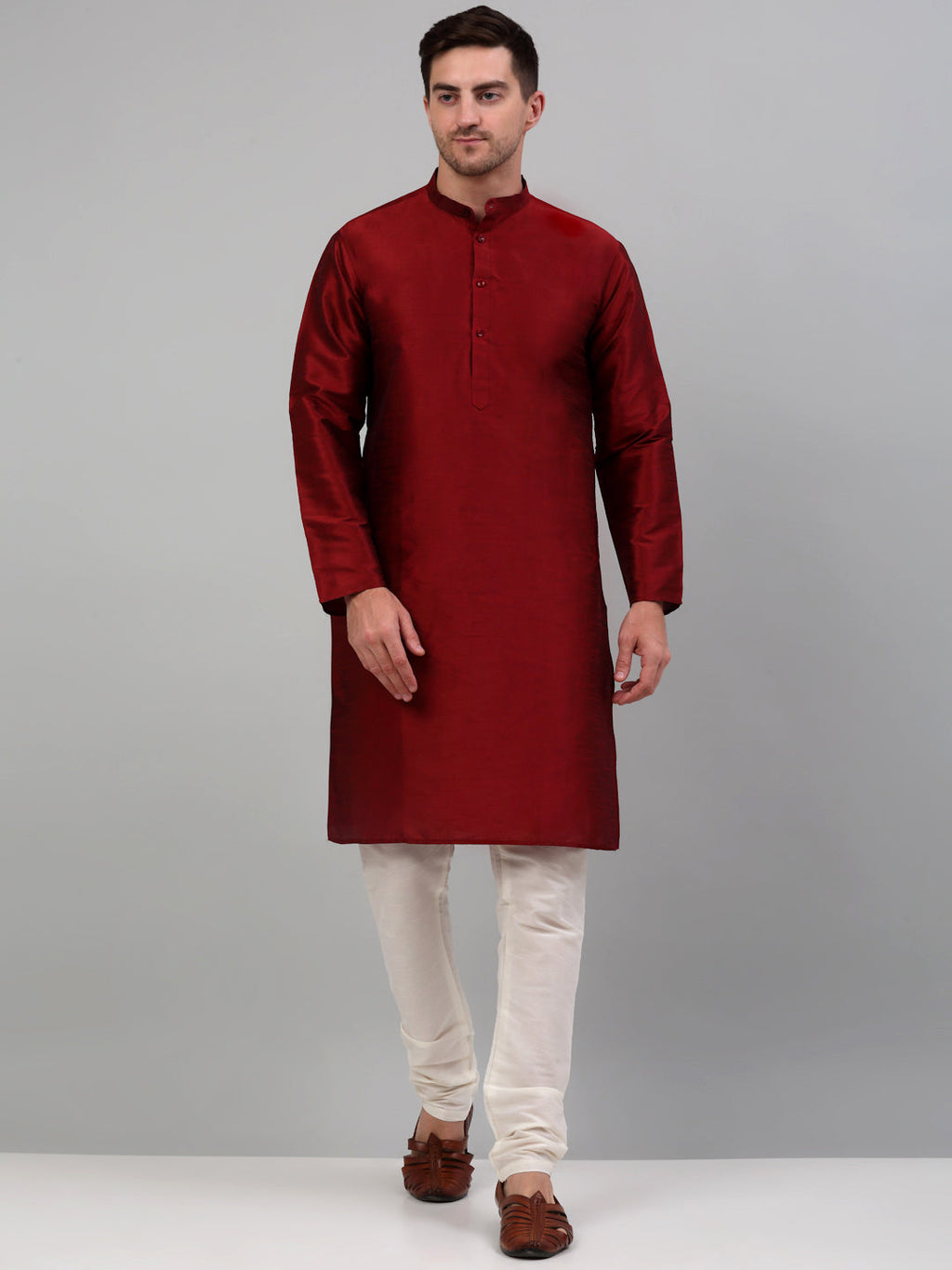Jompers Men's Woven Design Nehru Jacket and Kurta Pyjama Set - Maroon | Grocsy