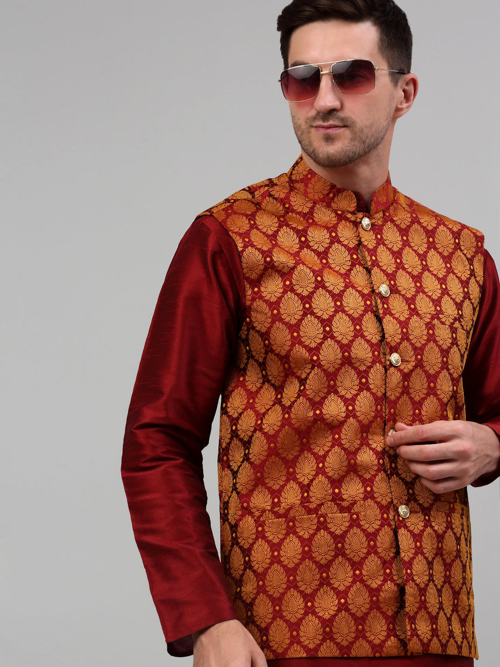 Jompers Men's Woven Design Nehru Jacket and Kurta Pyjama Set - Maroon | Grocsy