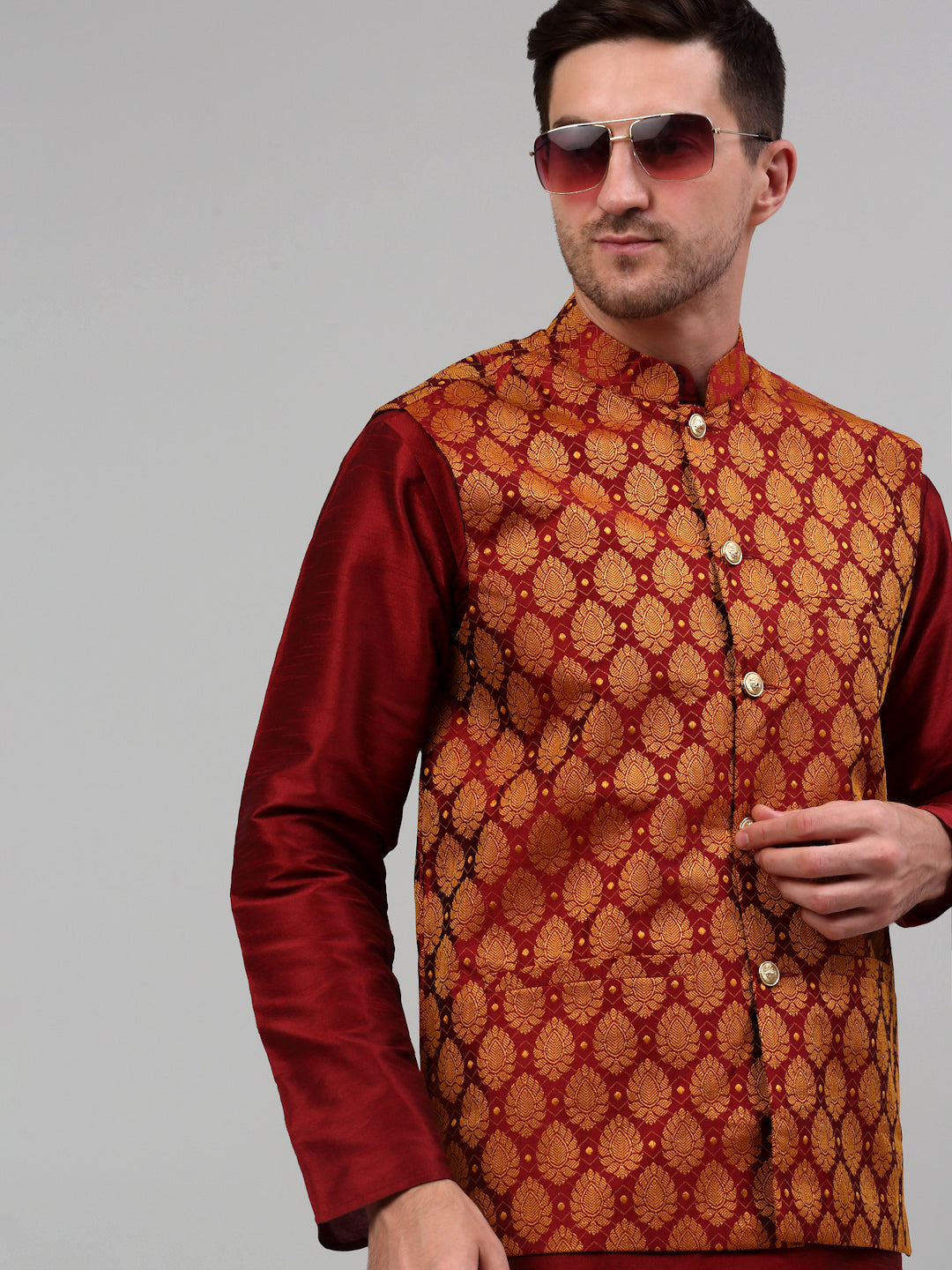 Jompers Men's Woven Design Nehru Jacket and Kurta Pyjama Set - Maroon | Grocsy