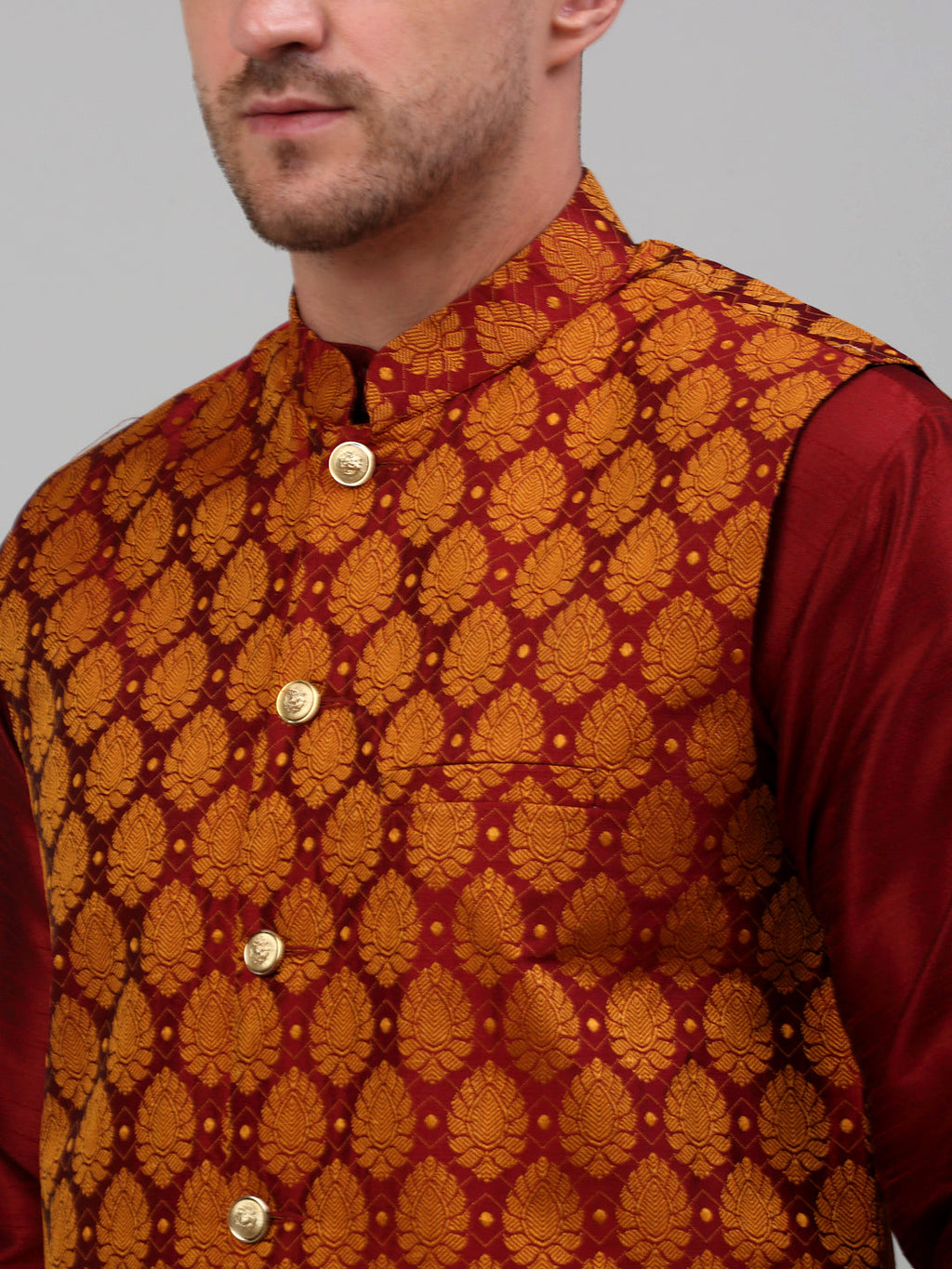 Jompers Men's Woven Design Nehru Jacket and Kurta Pyjama Set - Maroon | Grocsy