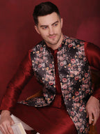 Jompers Men's Black Floral Printed Nehru Jacket With Kurta Pyjama Set | Grocsy
