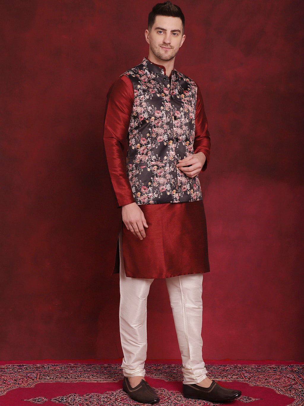 Jompers Men's Black Floral Printed Nehru Jacket With Kurta Pyjama Set | Grocsy