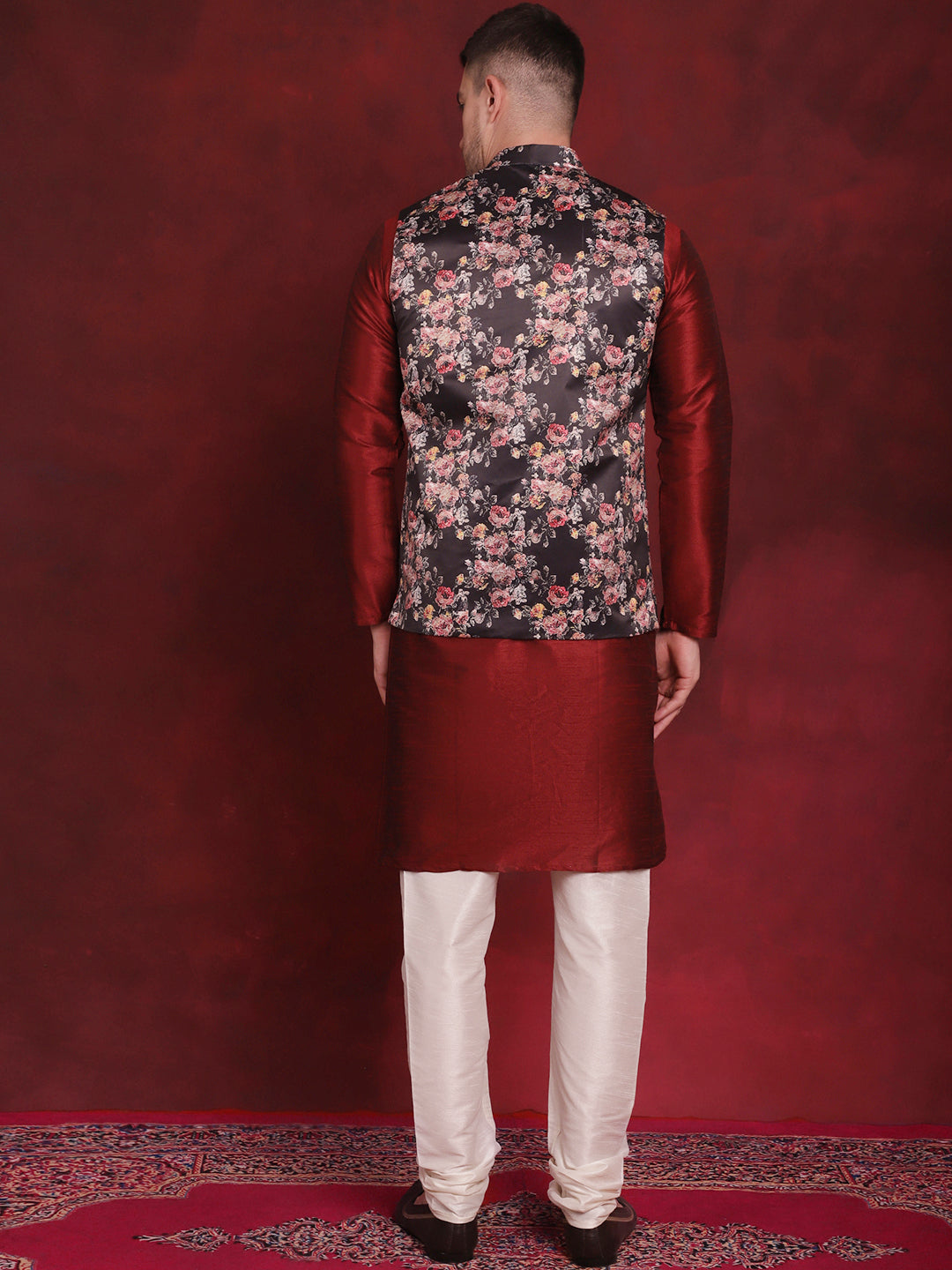 Jompers Men's Black Floral Printed Nehru Jacket With Kurta Pyjama Set | Grocsy